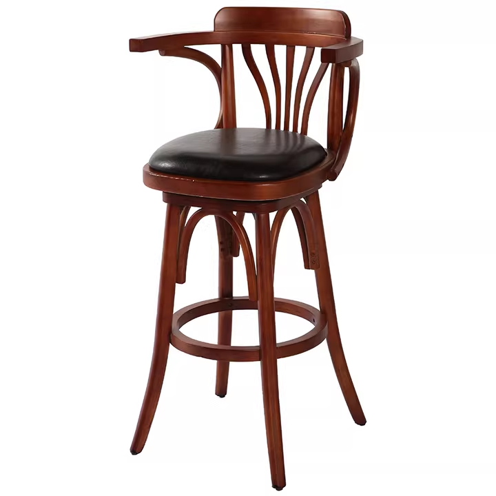 Wooden bar stool with a leather seat, curved backrest, and arms. Dimensions: Height 107cm, seat height 75cm, seat width 45cm.