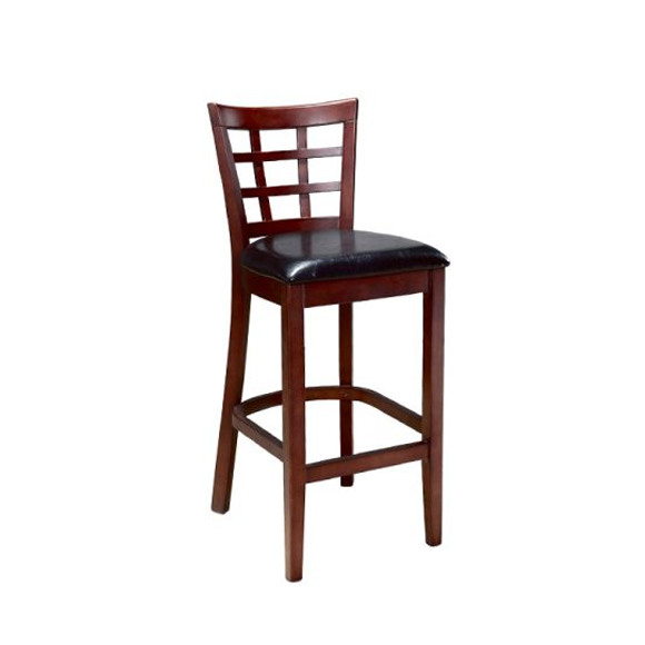 Wooden bar stool with grid backrest and black leather seat cushion, in dark brown finish.