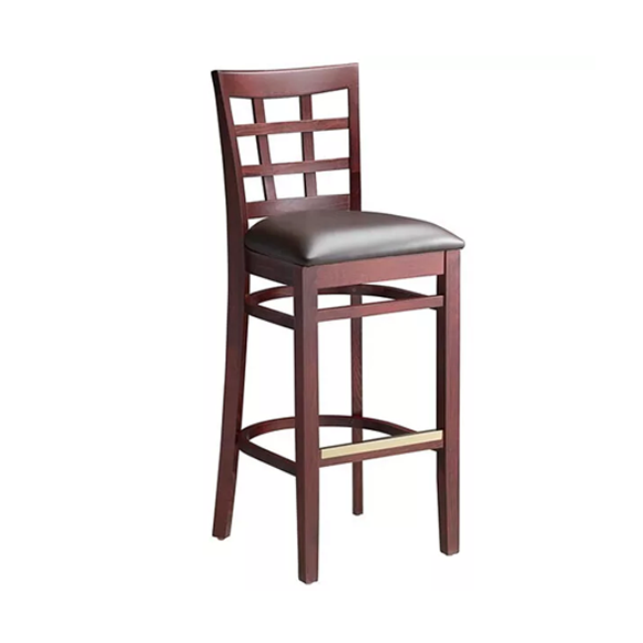 Wooden bar stool with grid backrest and black leather seat cushion, with a burgundy wood finish.