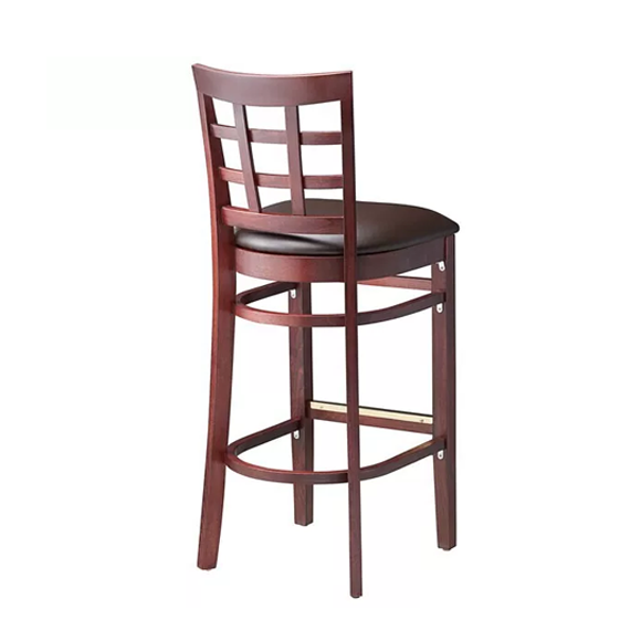 Wooden bar stool with grid backrest and black leather cushion, brown wood finish.