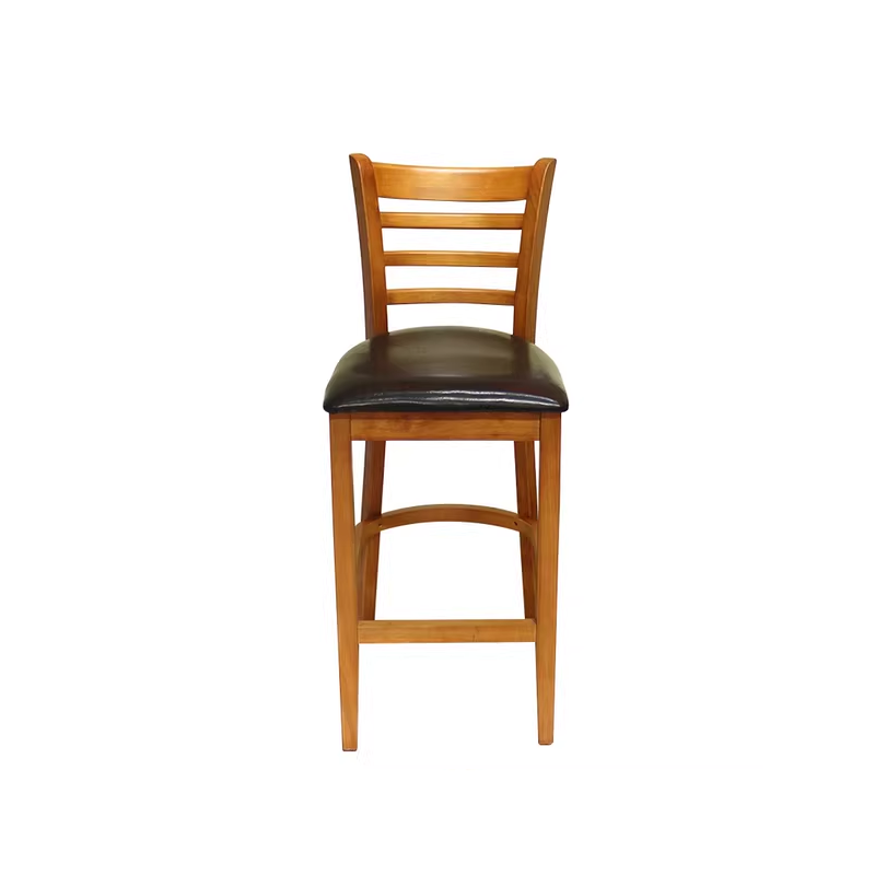 Wooden bar stool with a ladder-back design and leather seat cushion, ideal for bar or counter seating. The design features simple yet elegant structure with sturdy legs.