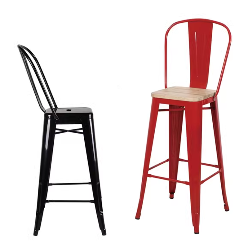 Black and red metal bar stools, featuring a sleek modern design with a wooden seat on the red stool.