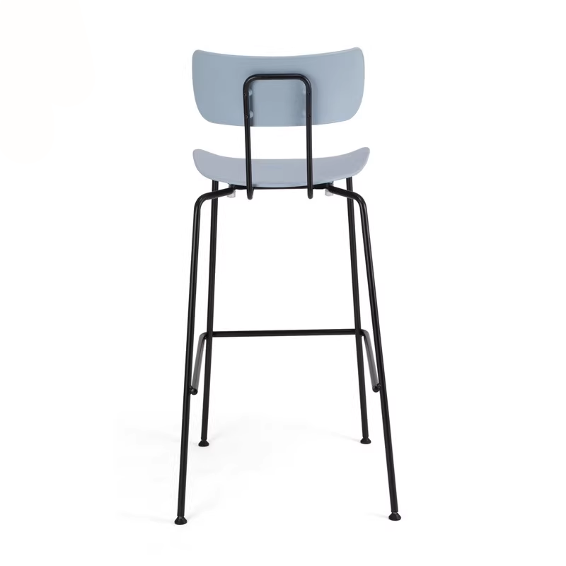 Blue metal frame bar stool back view, showcasing the streamlined backrest and metal support structure, stylish and perfect for contemporary interiors.