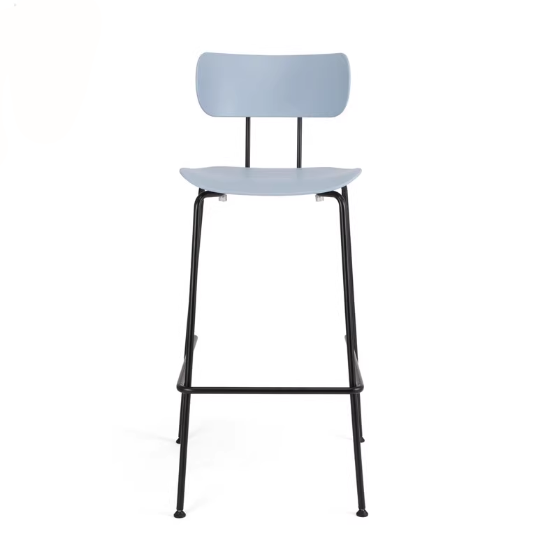 A sleek grey bar stool with an ergonomic backrest and black metal frame, designed for modern industrial-style interiors.