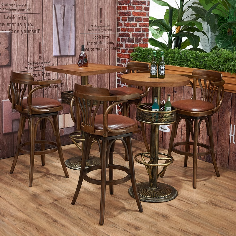 Wooden bar stool with back and armrest, brown leather seat, classic design suitable for cafes and bars