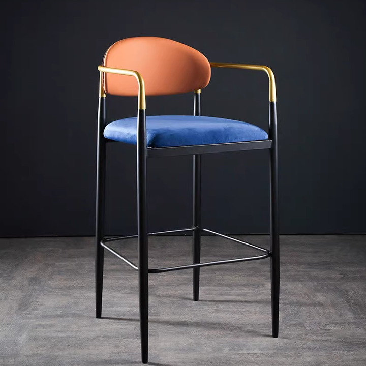 Stylish bar stool with orange backrest, blue seat, black frame, and gold accents.