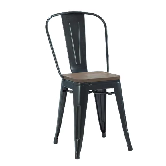 Dark metal chair with a wooden seat, featuring a classic industrial-inspired design.