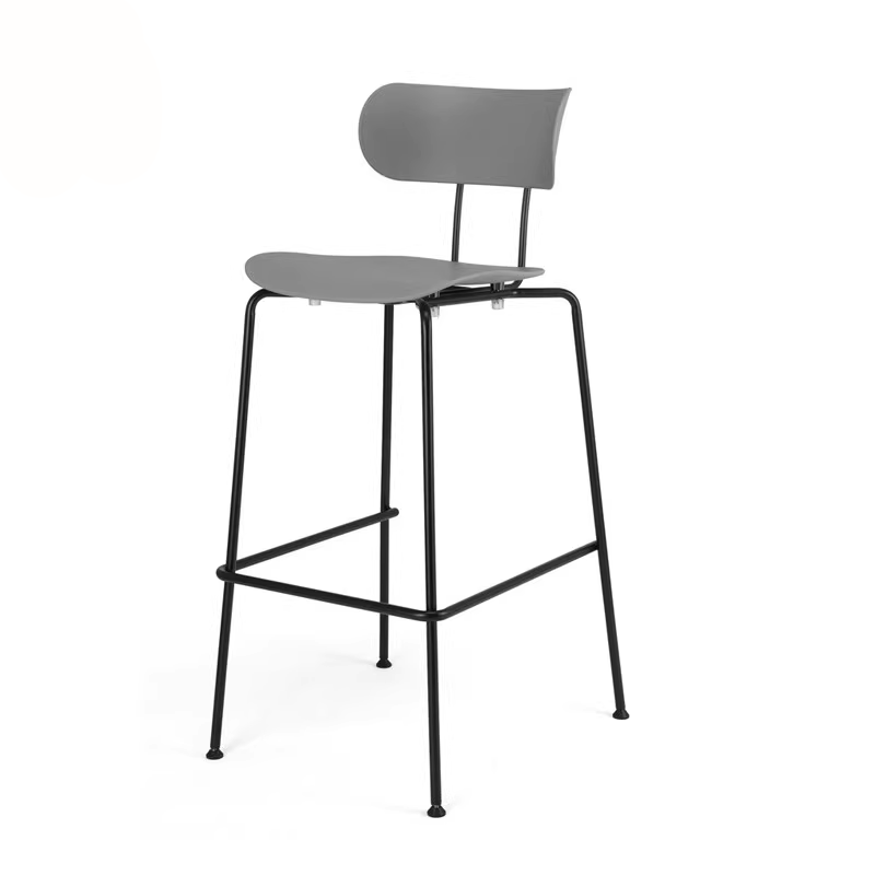 Gray metal frame bar stool side view, featuring a modern industrial design with a comfortable backrest and sturdy support, suitable for restaurants and bars.