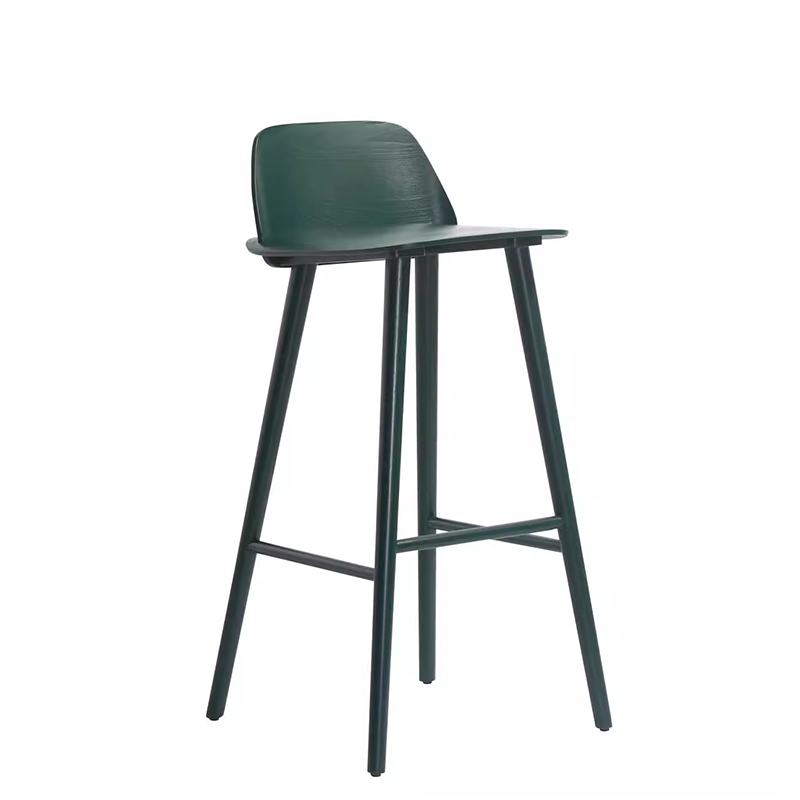 Green modern bar stool with wood frame and ergonomic backrest, perfect for stylish home bars.