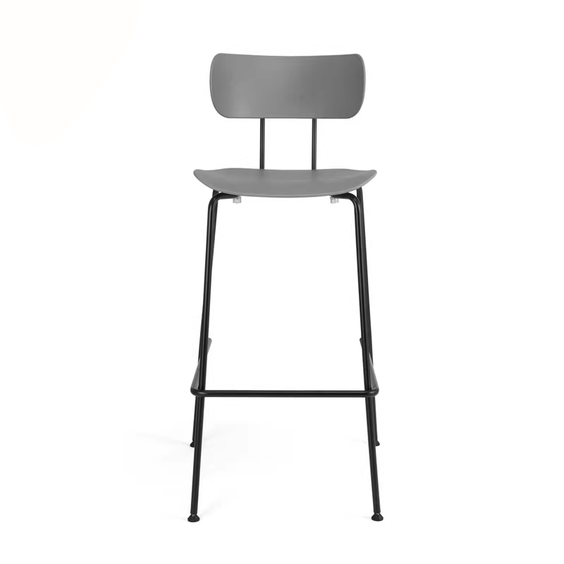 A sleek grey bar stool with an ergonomic backrest and black metal frame, designed for modern industrial-style interiors.