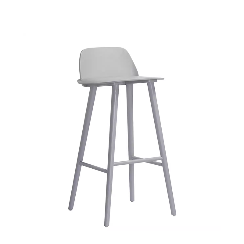 Grey modern bar stool with wood legs, stylish design with a sleek backrest and comfortable seat.