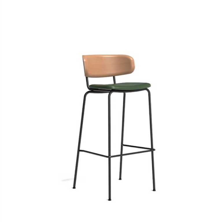 A contemporary bar stool featuring a metal frame, wooden backrest, and a green cushioned seat, designed for modern interiors.