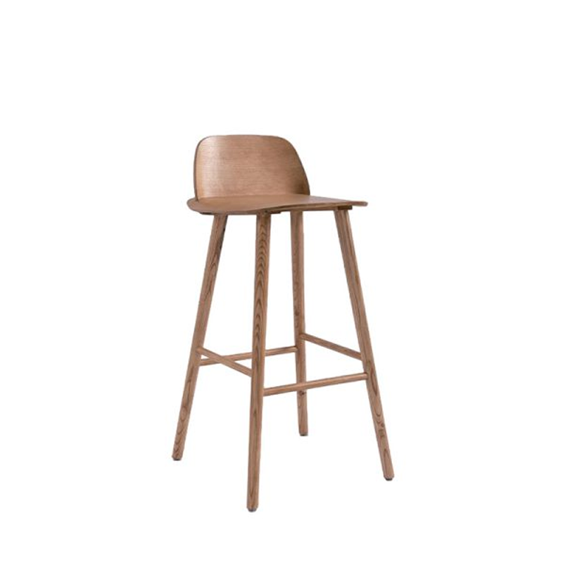 Modern wooden bar stool with backrest and clean design. Features natural wood frame and minimalist style.