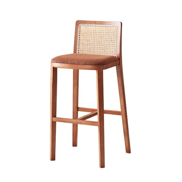 Brown wooden bar stool with rattan backrest and cushioned seat, offering a stylish and comfortable seating option.