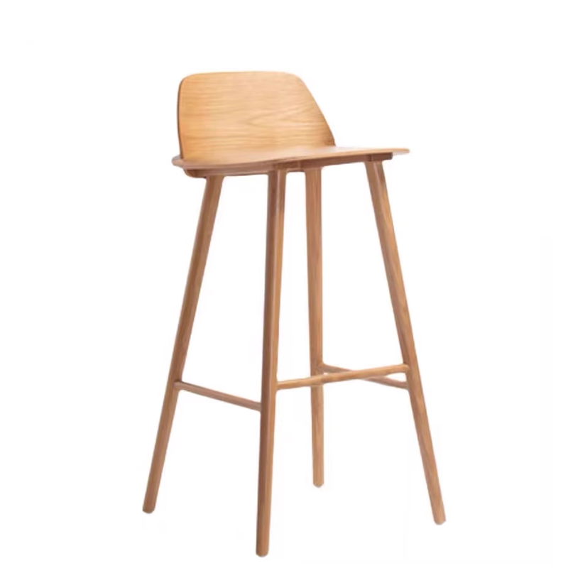 Oak wood barstool with minimalist design and sturdy legs, ideal for modern interiors.