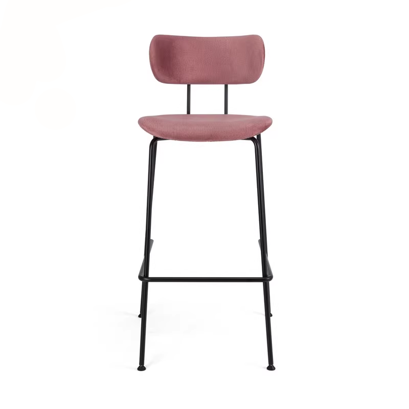 A pink upholstered bar stool with a sleek black metal frame, offering a stylish and comfortable seating option for bars and homes.