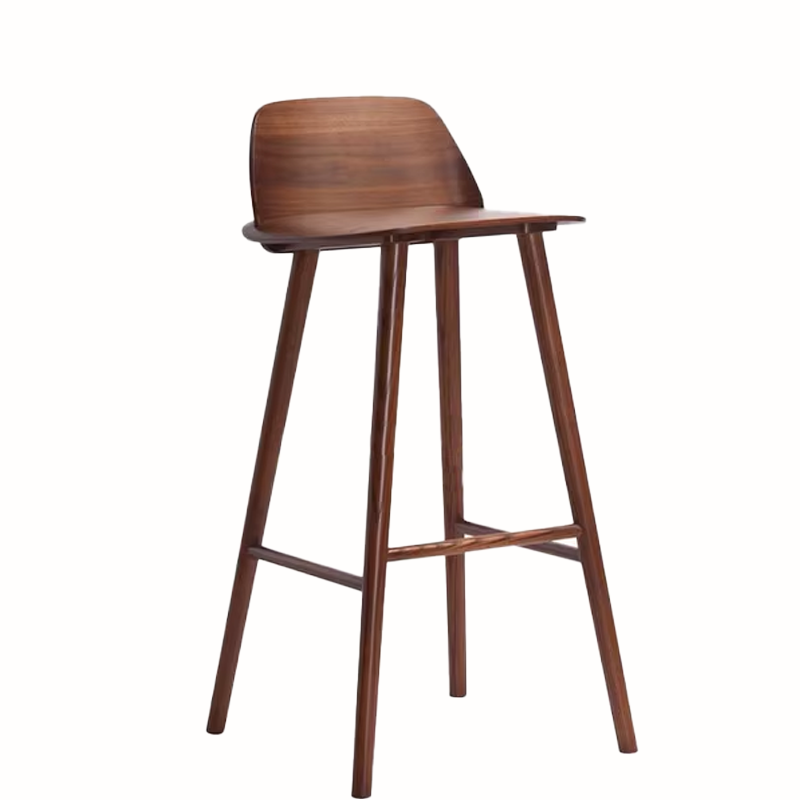 Walnut wood barstool with ergonomic backrest and minimalist design.