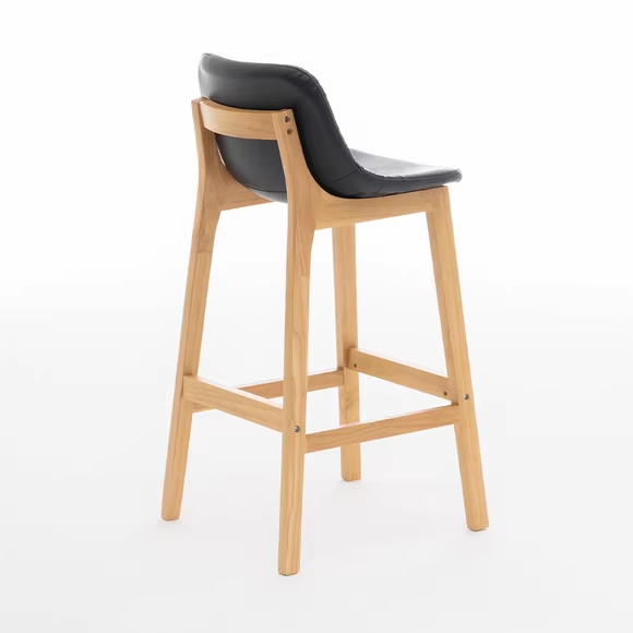 Wooden bar stool with black leather backrest and seat, natural wood frame for modern design and comfort.