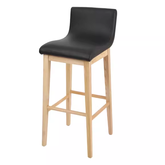 wooden bar stool with black leather seat and natural wood legs, a timeless addition to any interior.