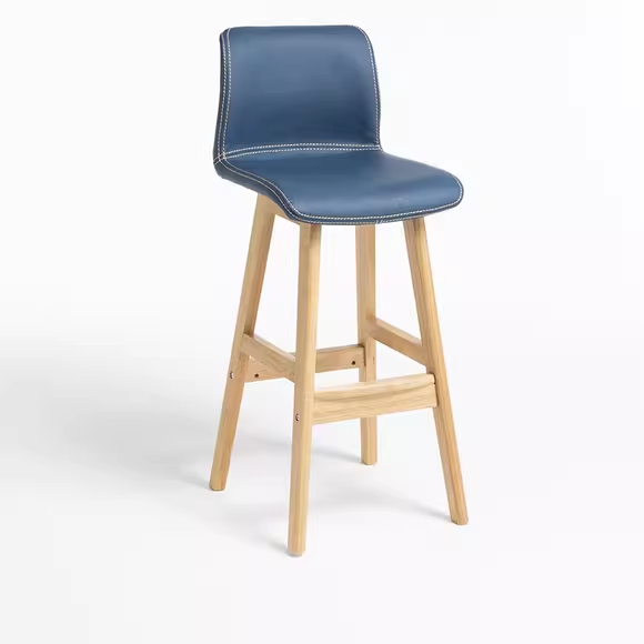 wooden bar stool with blue leather seat and natural wood legs, a modern addition to any space.