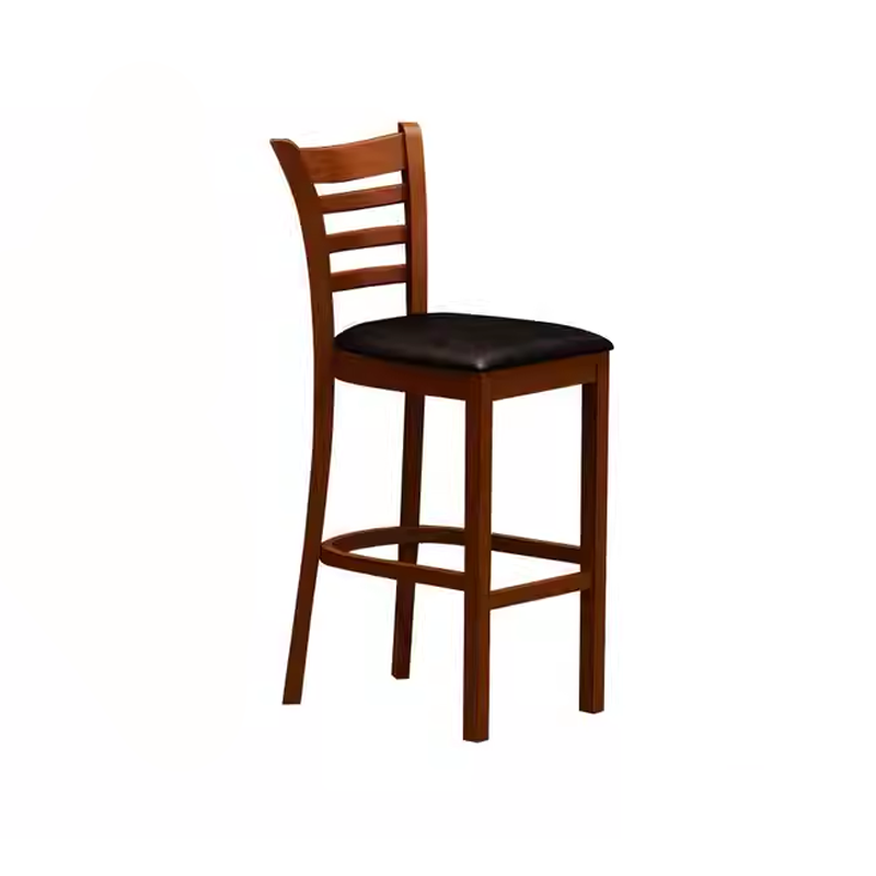 Wooden bar stool with black leather seat and slatted backrest, 108cm height.