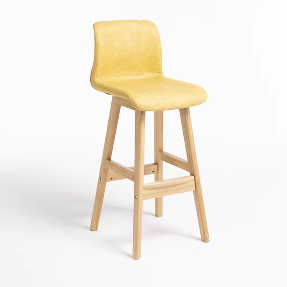 wooden bar stool with yellow leather seat and natural wood legs, modern and stylish for home or commercial use.