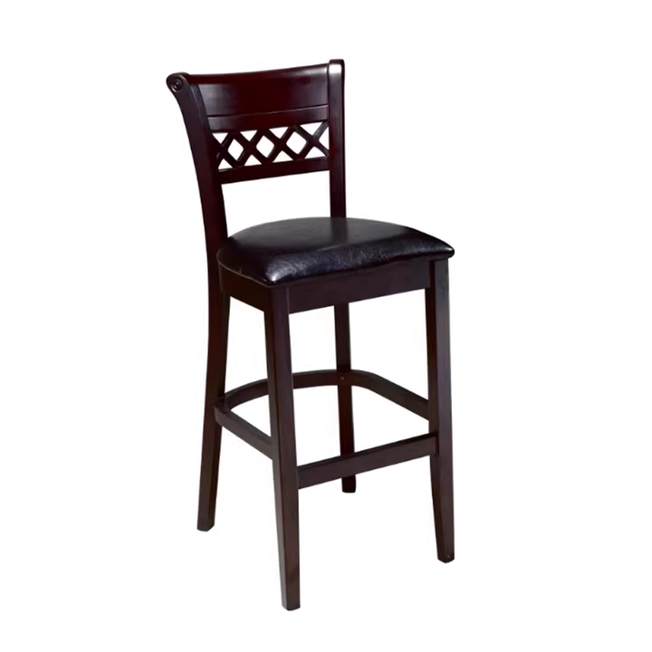 Wooden bar stool with dark wooden frame and black leather seat.