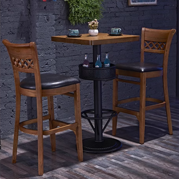 Modern wooden barstool with X-backrest and small table for cafe setting