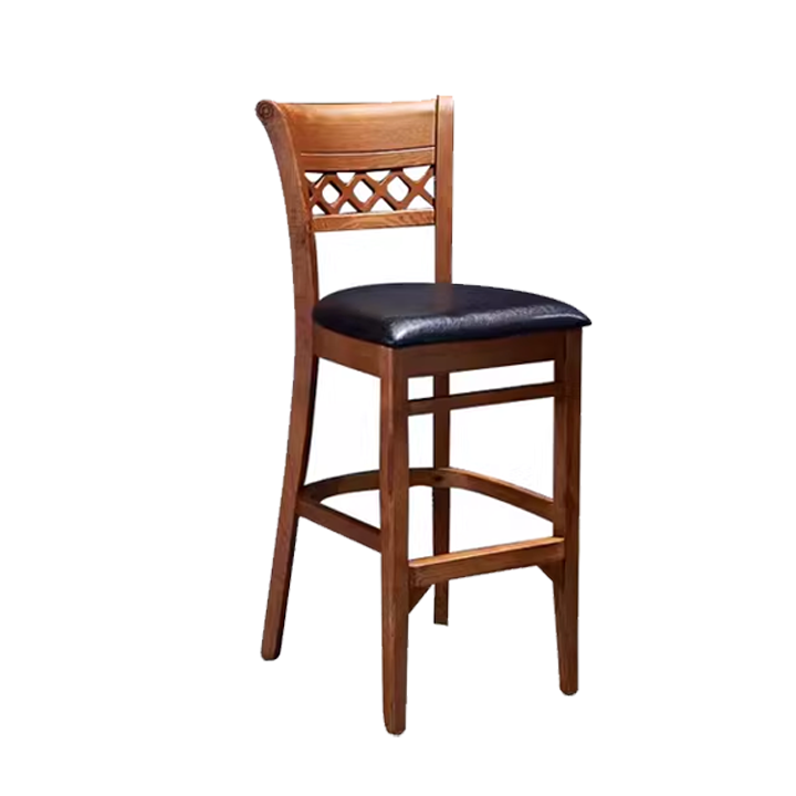 Wooden bar stool with black cushioned seat and wooden frame.