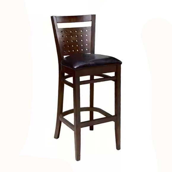 Wooden barstool with punched-back design and black cushion, perfect for modern kitchens and bars.