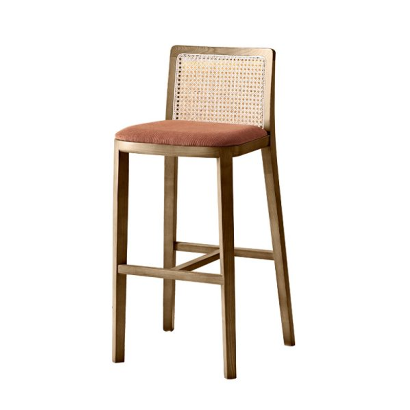 Light brown wooden bar stool with a rattan backrest and cushioned seat, designed for contemporary and classic interiors.