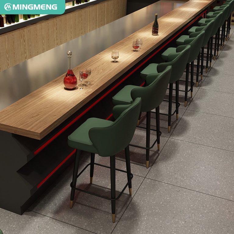 Green Upholstered Bar Stools with Wooden Bar Counter