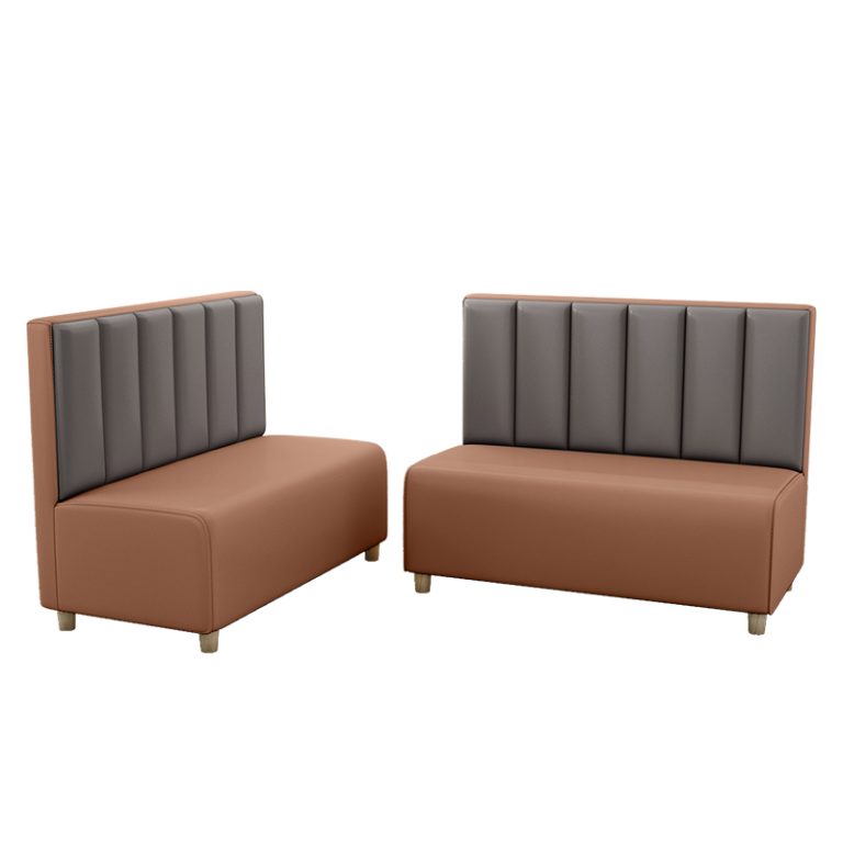 Two modern restaurant booth seats with brown and gray cushioned backs, designed for stylish and comfortable dining setups.