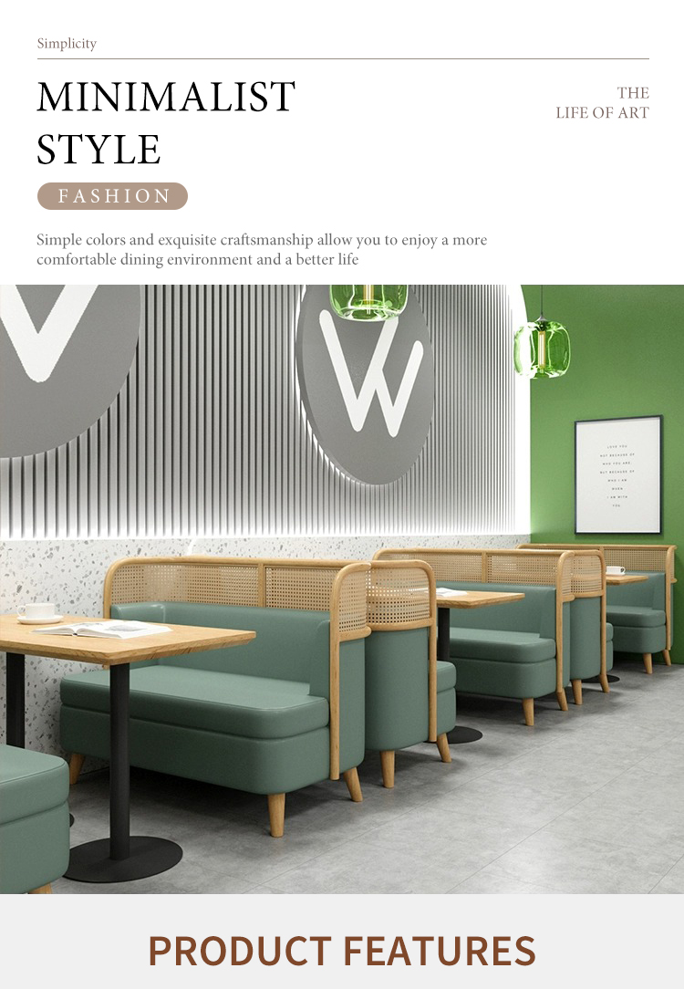 Minimalist banquette seating with green cushions, rattan accents, and wooden frames, designed for stylish modern cafes and dining areas.