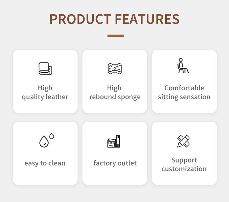 Product features highlighting high-quality leather, high rebound sponge, comfortable sitting sensation, easy-to-clean surfaces, factory outlet pricing, and customization support