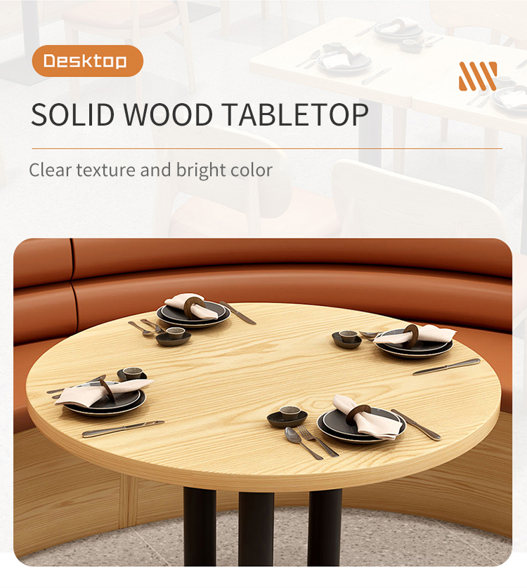 The solid wood table with a clear natural texture and bright color A brown leather bench curves around the table, complementing the stylish and functional dining design.