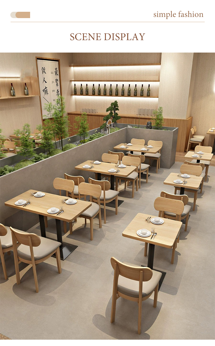 Restaurant scene with modern wood furniture, set tables, and an elegant interior design.