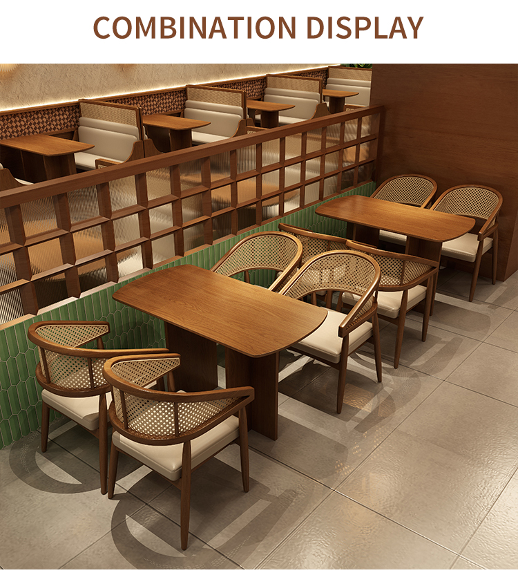 Combination of wooden dining tables with rattan-back chairs, ideal for upscale restaurants and stylish dining spaces.