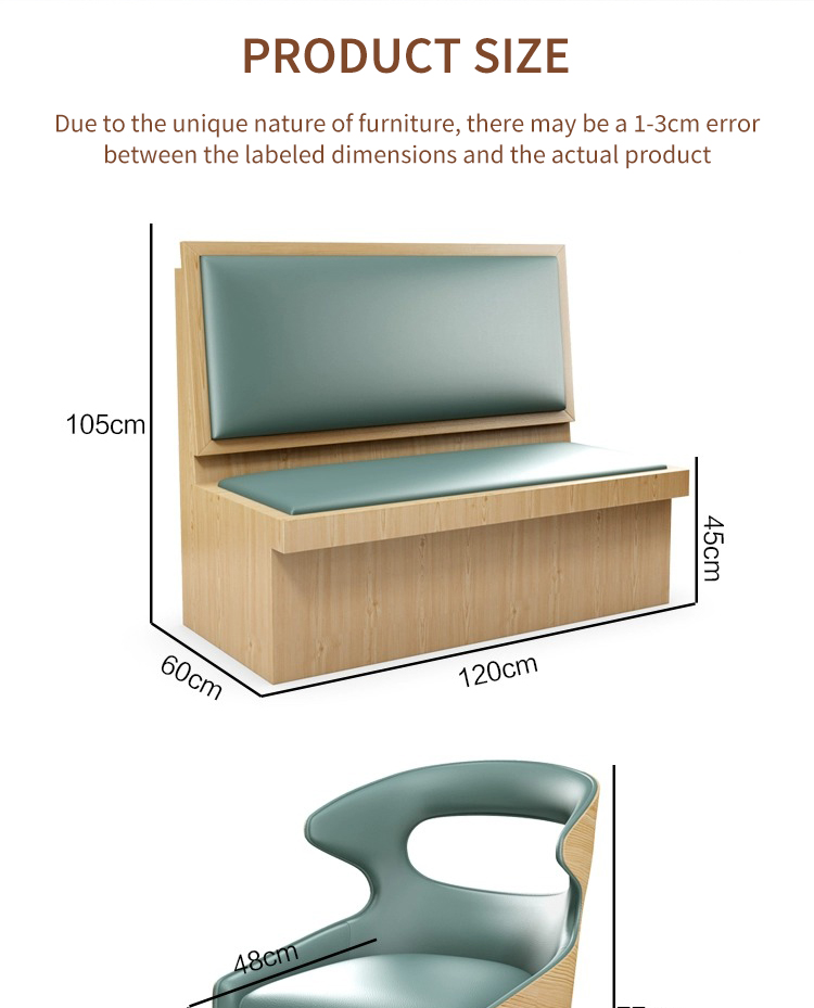 A furniture product dimension guide showcasing a seating bench with dimensions 120cm x 60cm x 105cm, and a chair with dimensions 48cm in width and ergonomic design. Includes a note about a 1-3cm potential measurement error due to the unique nature of furniture manufacturing.