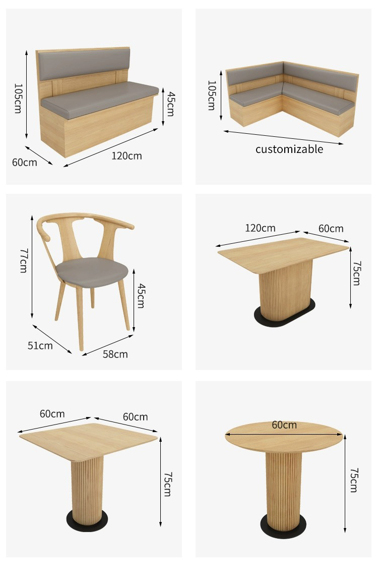 Detailed product dimensions showcasing a variety of furniture, including a straight and customizable corner bench, a modern chair, rectangular and circular tables, with precise measurements for each piece.