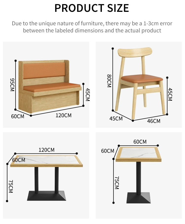 Detailed dimensions of a minimalist furniture set, including a 120cm booth with orange cushioning, a 46cm wide chair, and rectangular and square tables measuring 120x60cm and 60x60cm, respectively.