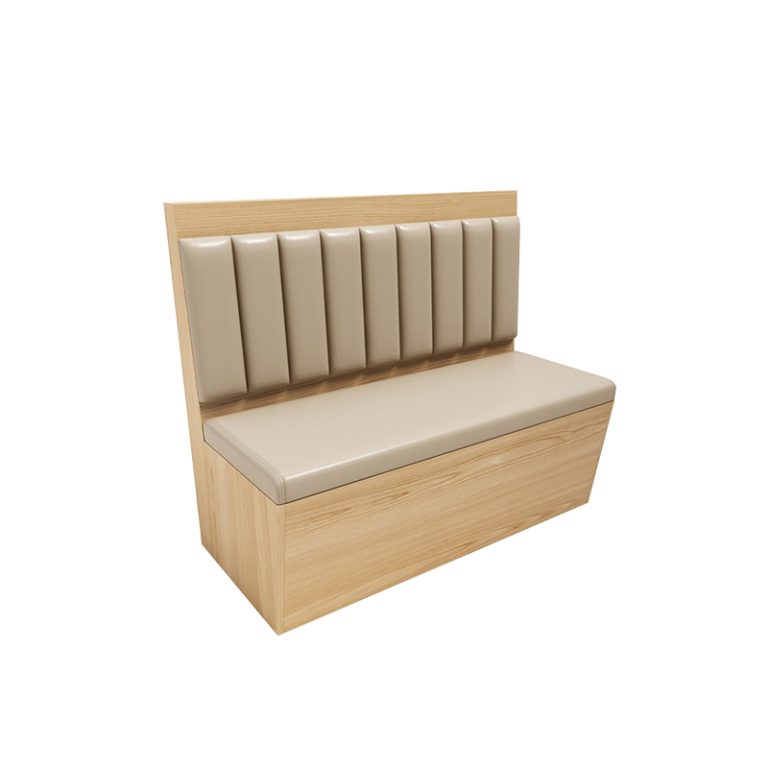 Wooden upholstered booth seating with beige cushions for modern restaurant interiors.