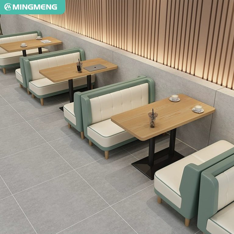 Modern booth seating for cafes with wooden tables and cushioned benches, designed for a stylish and comfortable dining environment.