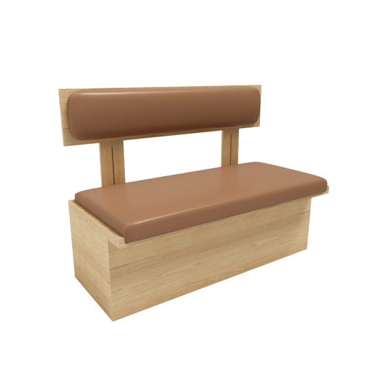 Modern wooden backrest bench with cushioned seating, ideal for cafes and restaurants. Durable and stylish design for commercial spaces.