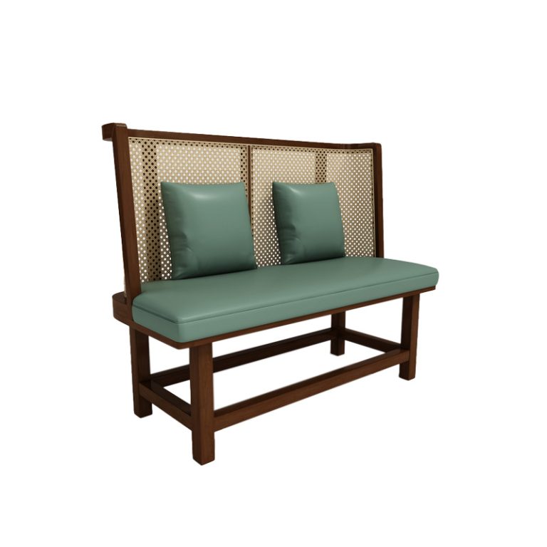 Standalone wooden bench seating with a woven backrest, green upholstered cushions, and throw pillows, ideal for modern dining spaces