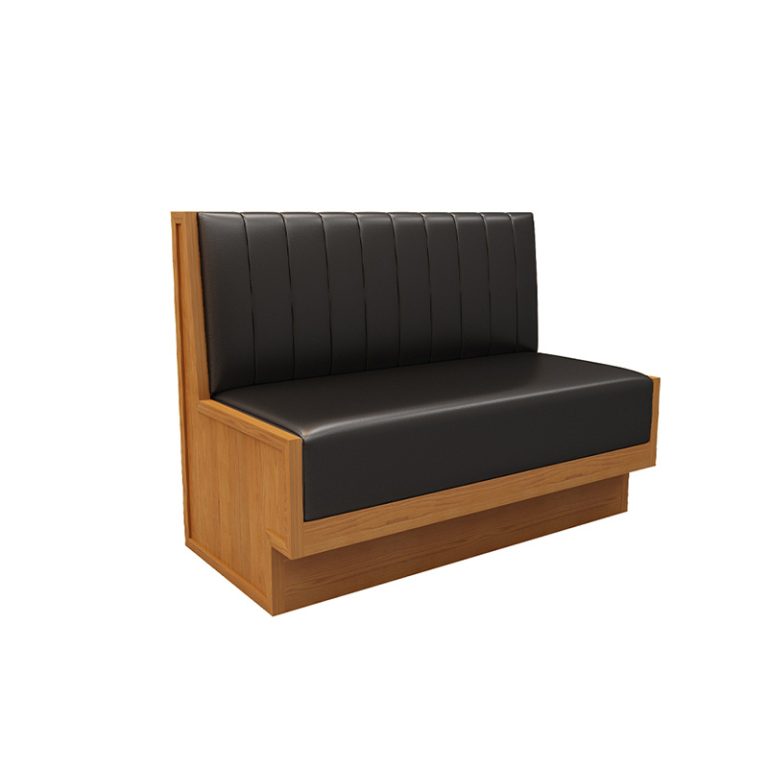 Single wooden booth seating with sleek black cushions, perfect for modern and classic restaurant interiors