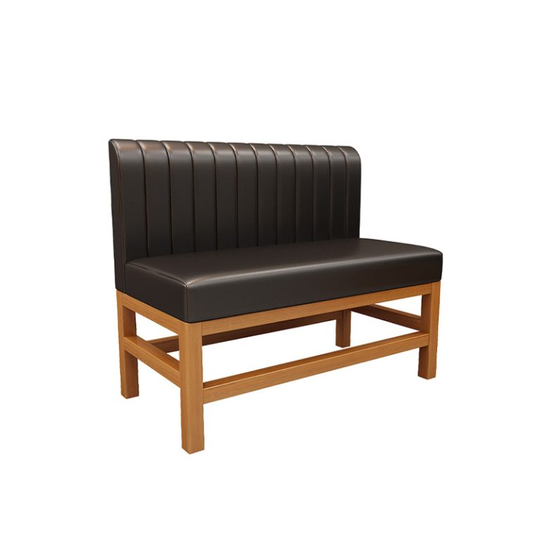 Black leather booth seating with a sturdy wooden frame, perfect for modern restaurant interiors.