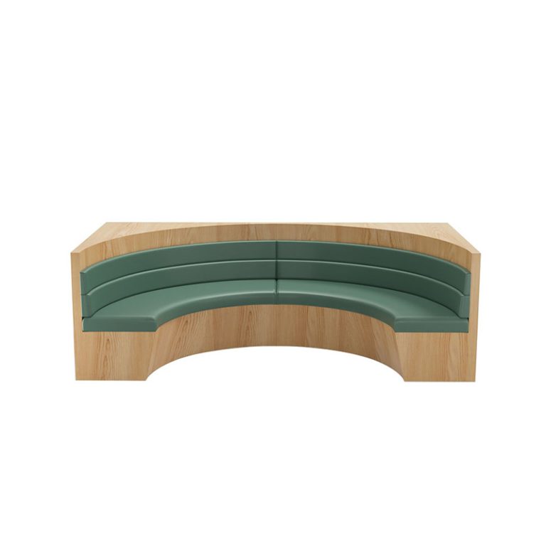 Curved wooden booth seating with green upholstered cushions designed for modern restaurant interiors.