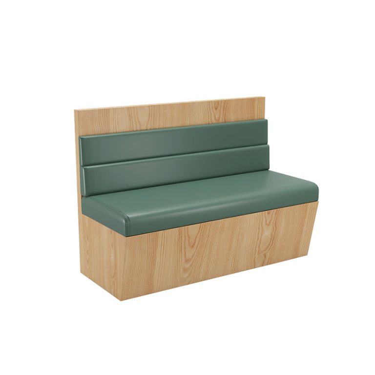 Standalone wooden booth seating with green upholstered cushions, ideal for modern and elegant restaurant interiors