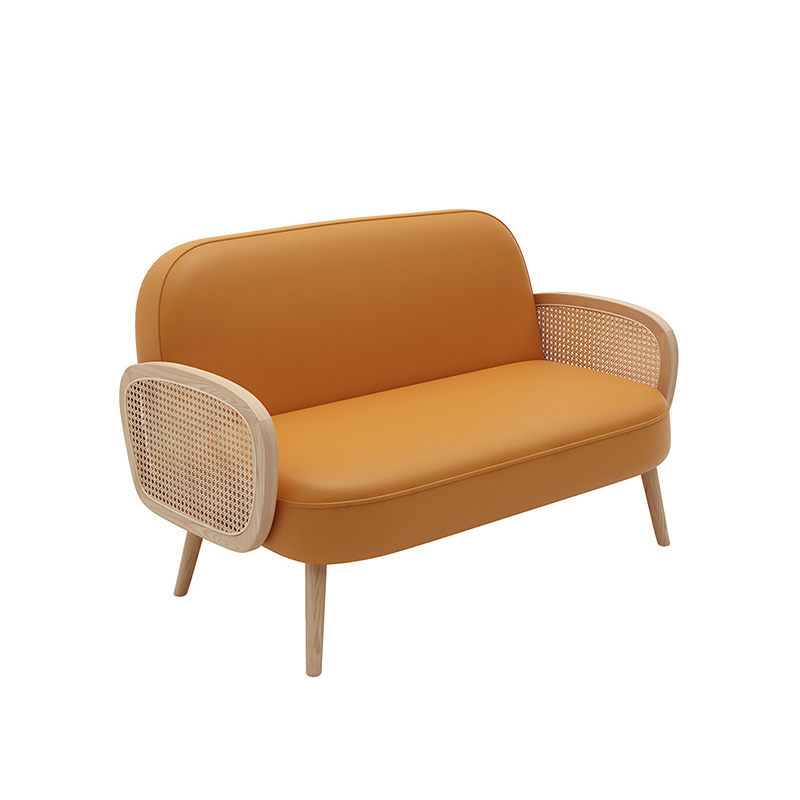 Modern Orange Upholstered Sofa with Rattan Armrests for Home or Cafe